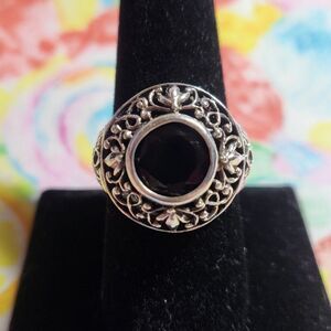 Vintage Black Onyx Filigree Sterling Silver Ring